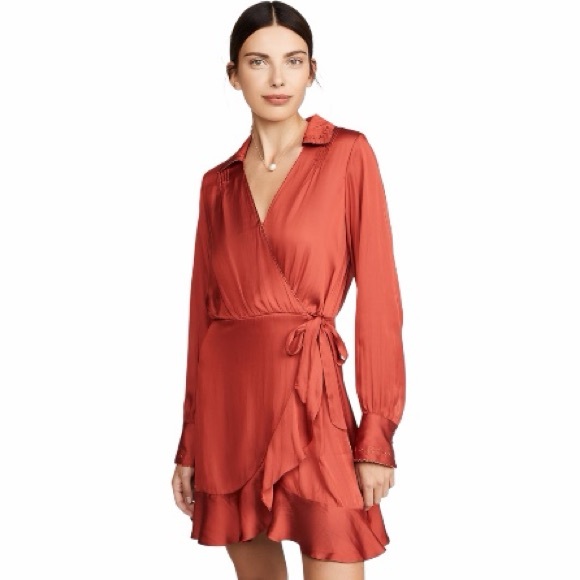 NWT! Paige Tulip Red Parisa Embroidered Detail Satin Wrap Dress. Size XS. - Picture 2 of 14